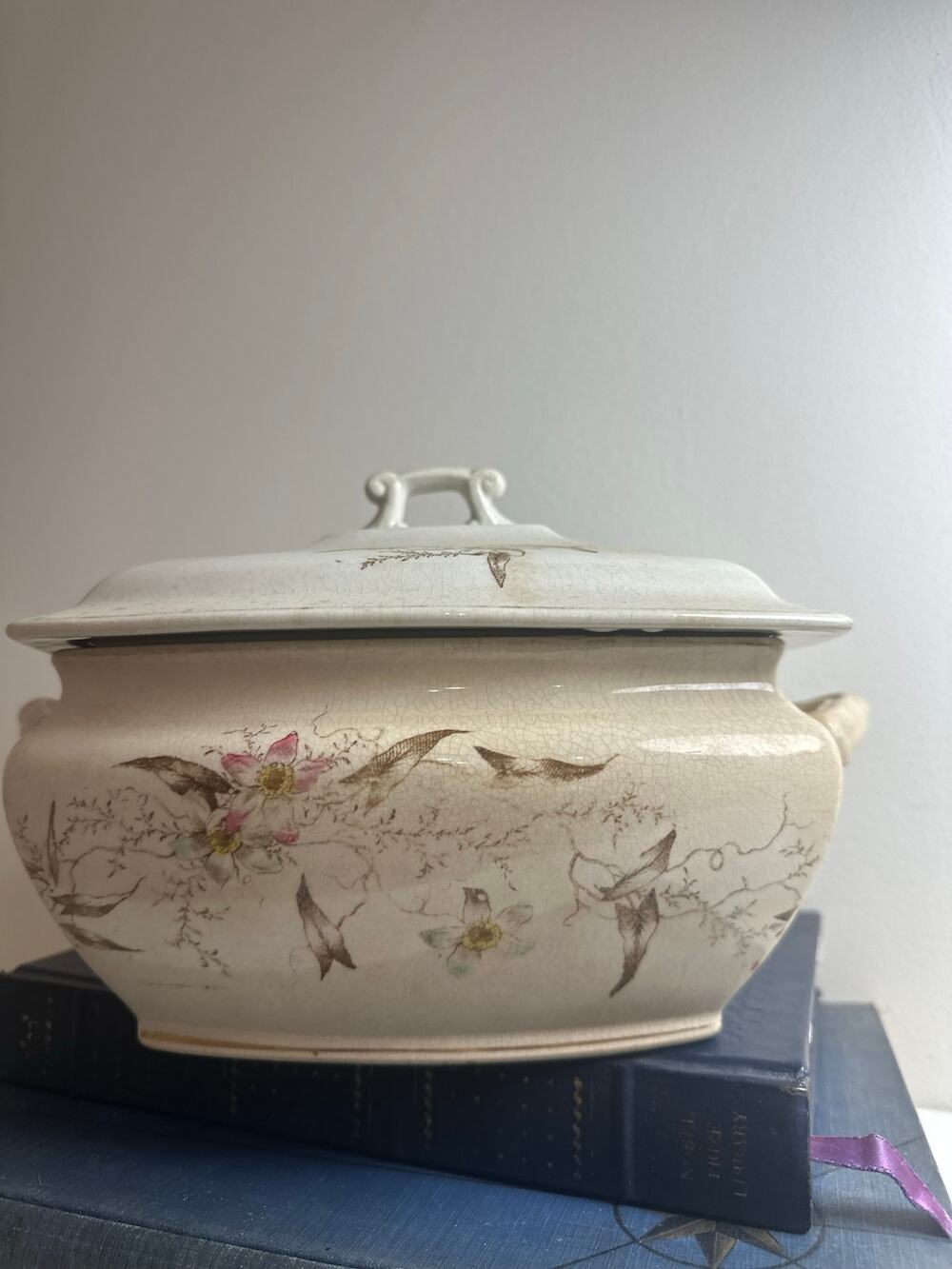 Antique Ironstone Soup Tureen Pink Brown Floral Transferware Scroll Handled Lid